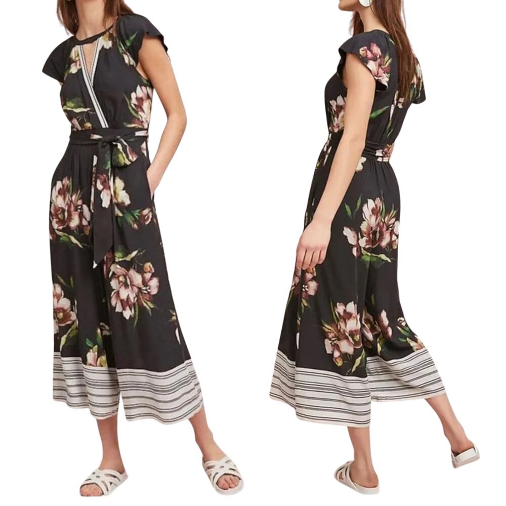 Maeve Anthropologie Floral Wide Leg Jumpsuit Black Rayon Pockets Sz 8